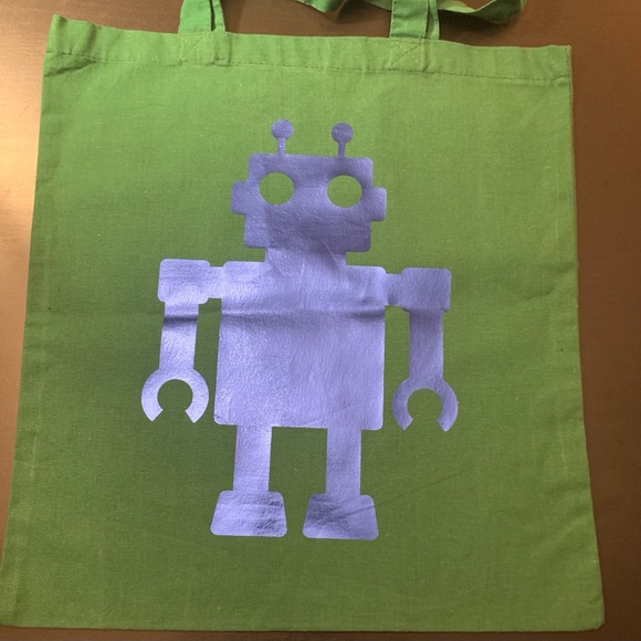 15x16in green robot canvas tote bag. - Picture 1 of 3